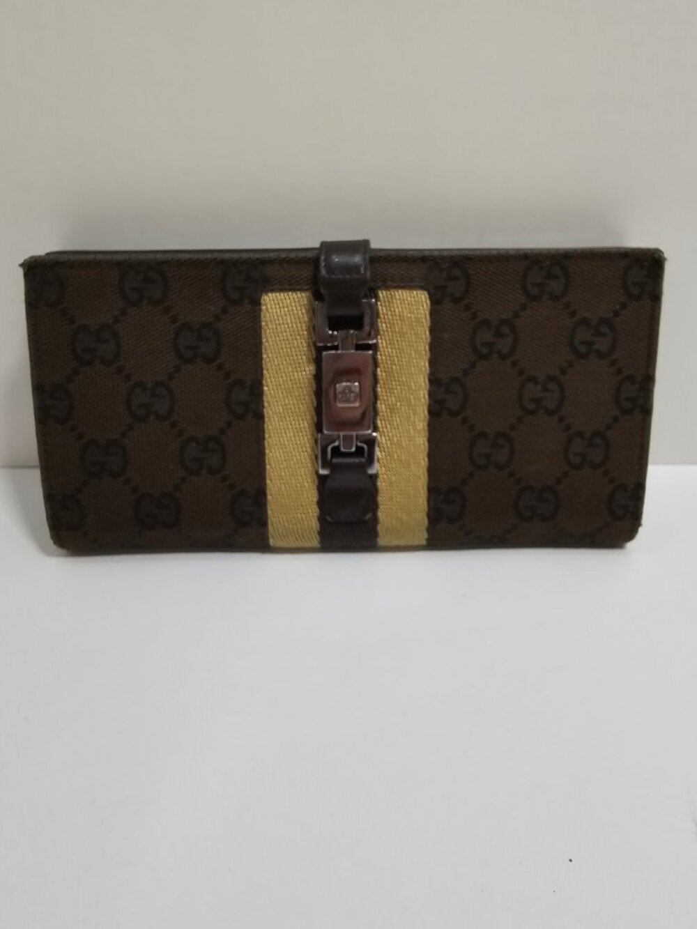 Auth. Vintage Gucci Jackie Piston Lock Long Wallet GG Monogram Canvas Brown